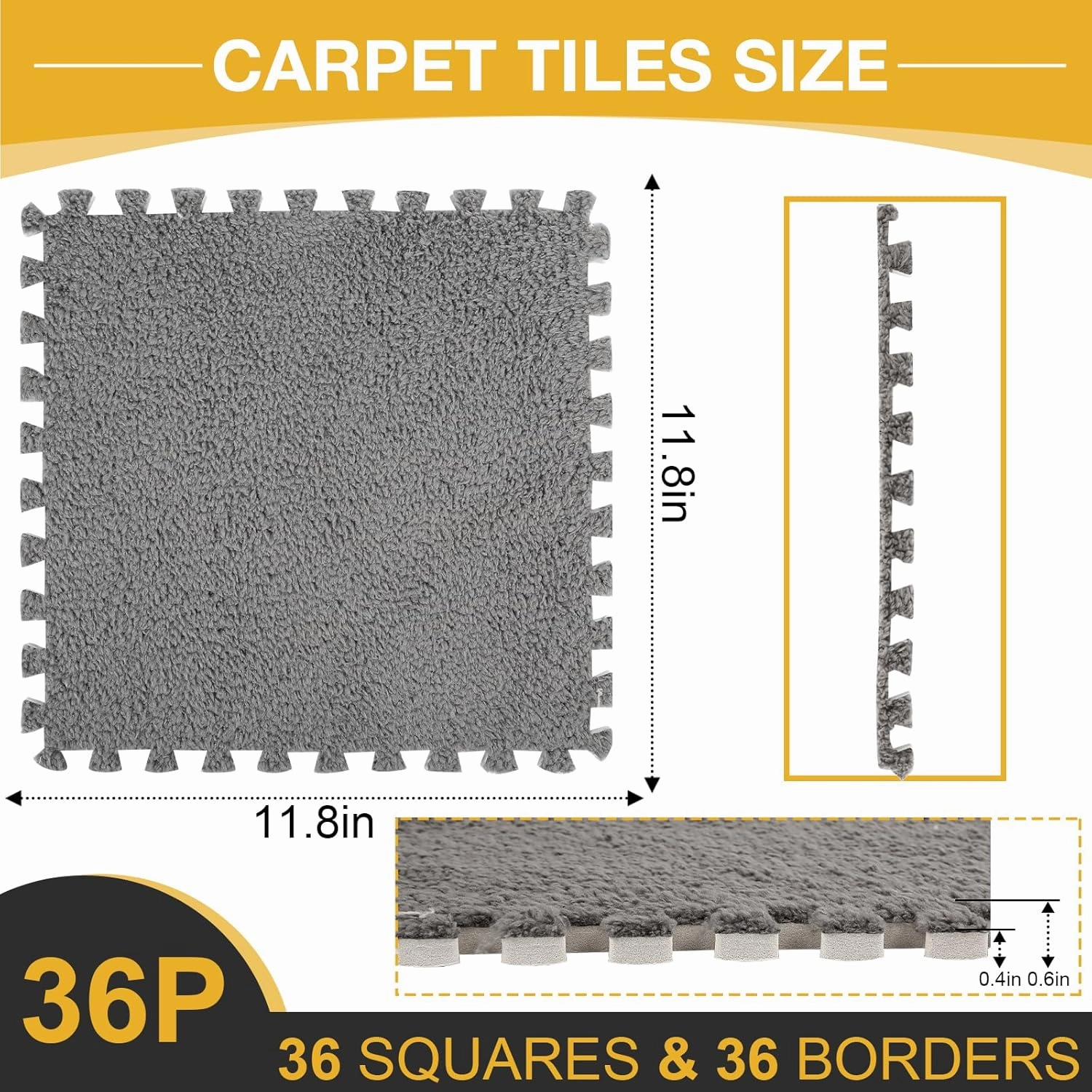 36 Pcs Interlocking Carpet Playmat Shaggy with 36 Edgings 8 Rug Tapes, Protective Soft Foam Carpet Mats for Floor Kids Room 11.8 x 11.8 Inch, Grey