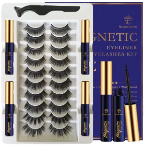 3D Magnetic Eyelashes with Eyeliner Kit - SevenCrown Magnetic Lashes Natural Looking with Upgraded 4 Tubes of Liner Waterproof, Long Lasting,10 Pairs Reusable False Eyelashes Easy to Apply.