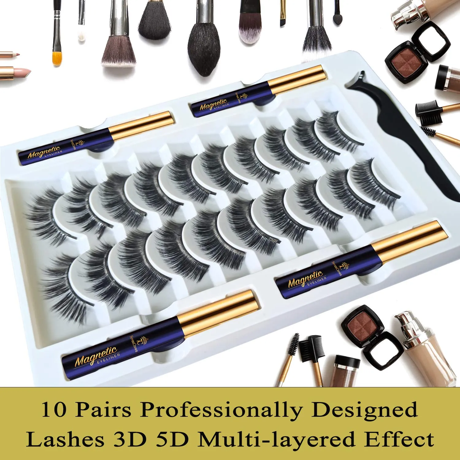 3D Magnetic Eyelashes with Eyeliner Kit - SevenCrown Magnetic Lashes Natural Looking with Upgraded 4 Tubes of Liner Waterproof, Long Lasting,10 Pairs Reusable False Eyelashes Easy to Apply.