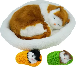 3Pcs Sleeping Cats Toy, Breathing Cat on Cushion Mini and Kittens in Slipper Decor Hand Toy Gift for Kids Boys Girls (Block)
