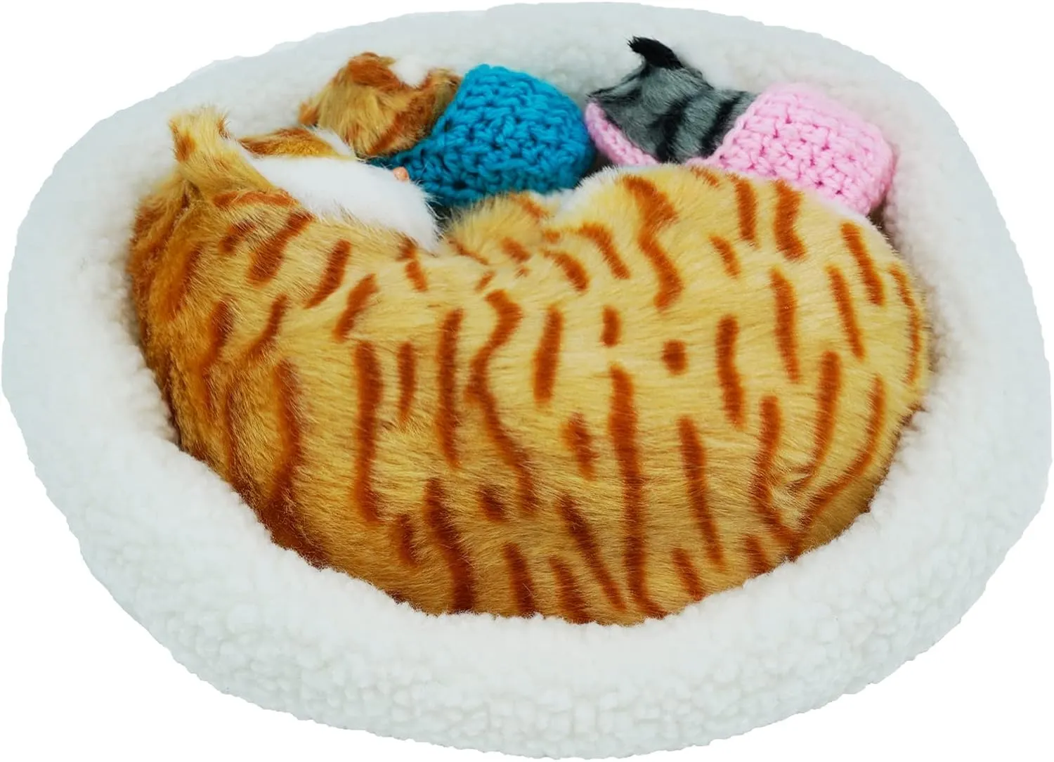 3Pcs Sleeping Cats Toy, Breathing Cat on Cushion Mini and Kittens in Slipper Decor Hand Toy Gift for Kids Boys Girls (Stripe)