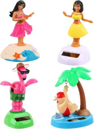 4 Pack Hawaii Girl Solar Powered Dancing Toys Flapping Wings Flamingo Car Shaking Head Dancer Doll Hawaii Toy Swing Figurines Car Windowsill Decor for Car Dashboard Toys Gift Office Desk Decor