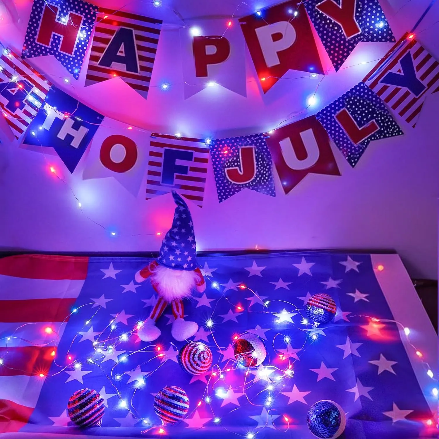 4 Pack Red White & Blue Fairy Lights Battery Operated with Timer Remote, Total 80FT 240LED 4th of July Decorations Outdoor/Indoor American Flag Lights for Independence Day Patriotic Tree Decorations