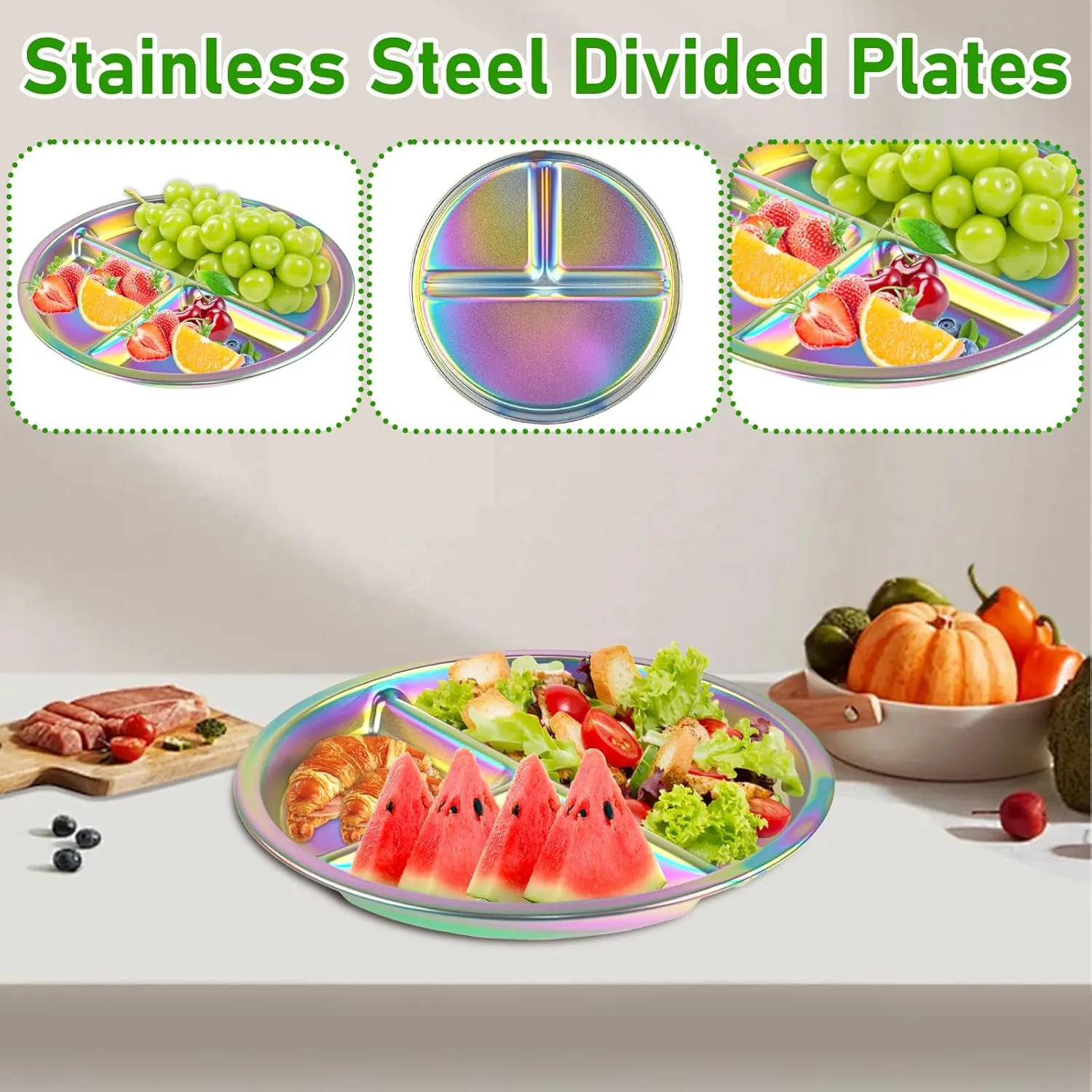 4 Pcs Stainless Steel Kids Plates, Portion Control Platter with 3-Compartment, Unbreakable Dinner Plates, Divided Food Tray Stainless Steel Plate for Adult Kid, Camping, Lunch and Dinner (Colorful)