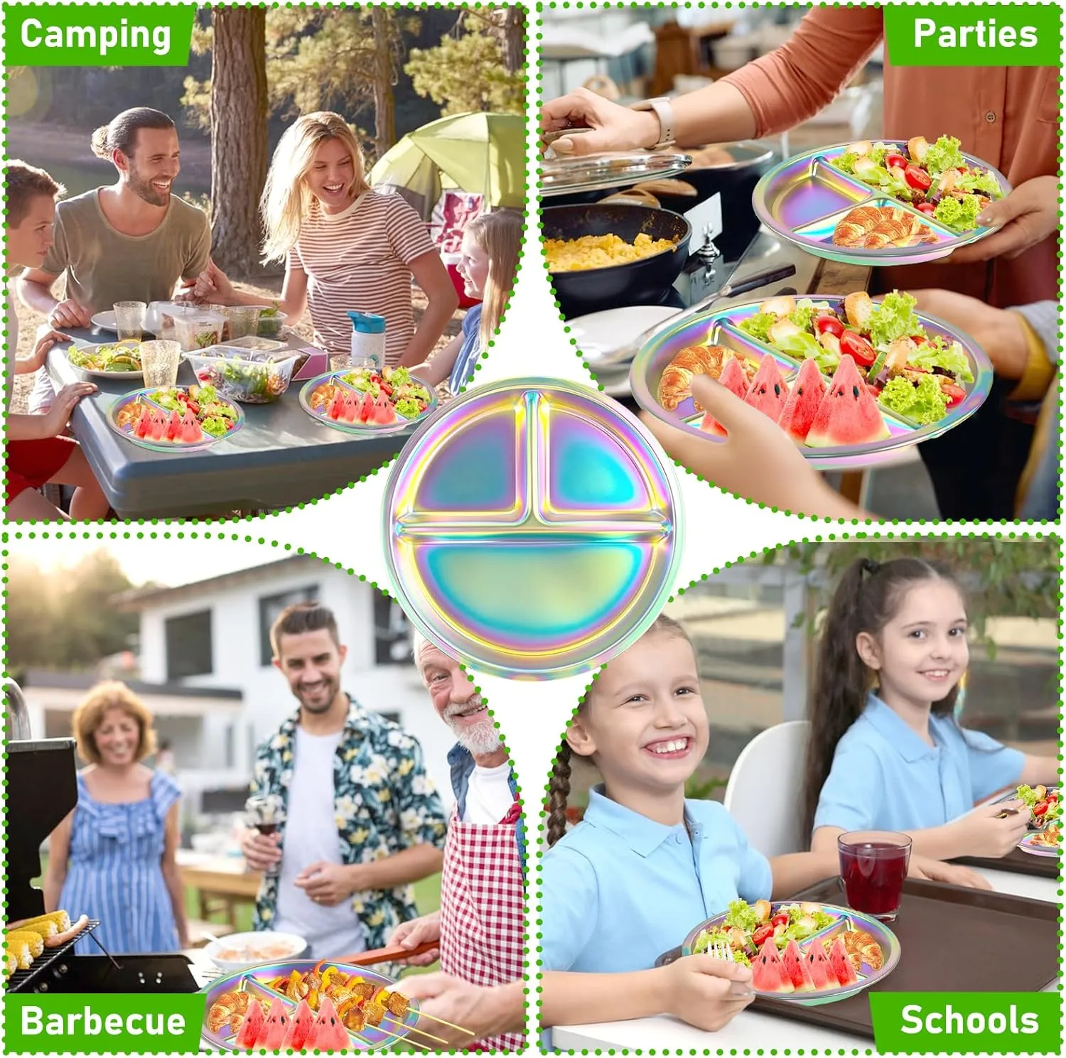 4 Pcs Stainless Steel Kids Plates, Portion Control Platter with 3-Compartment, Unbreakable Dinner Plates, Divided Food Tray Stainless Steel Plate for Adult Kid, Camping, Lunch and Dinner (Colorful)