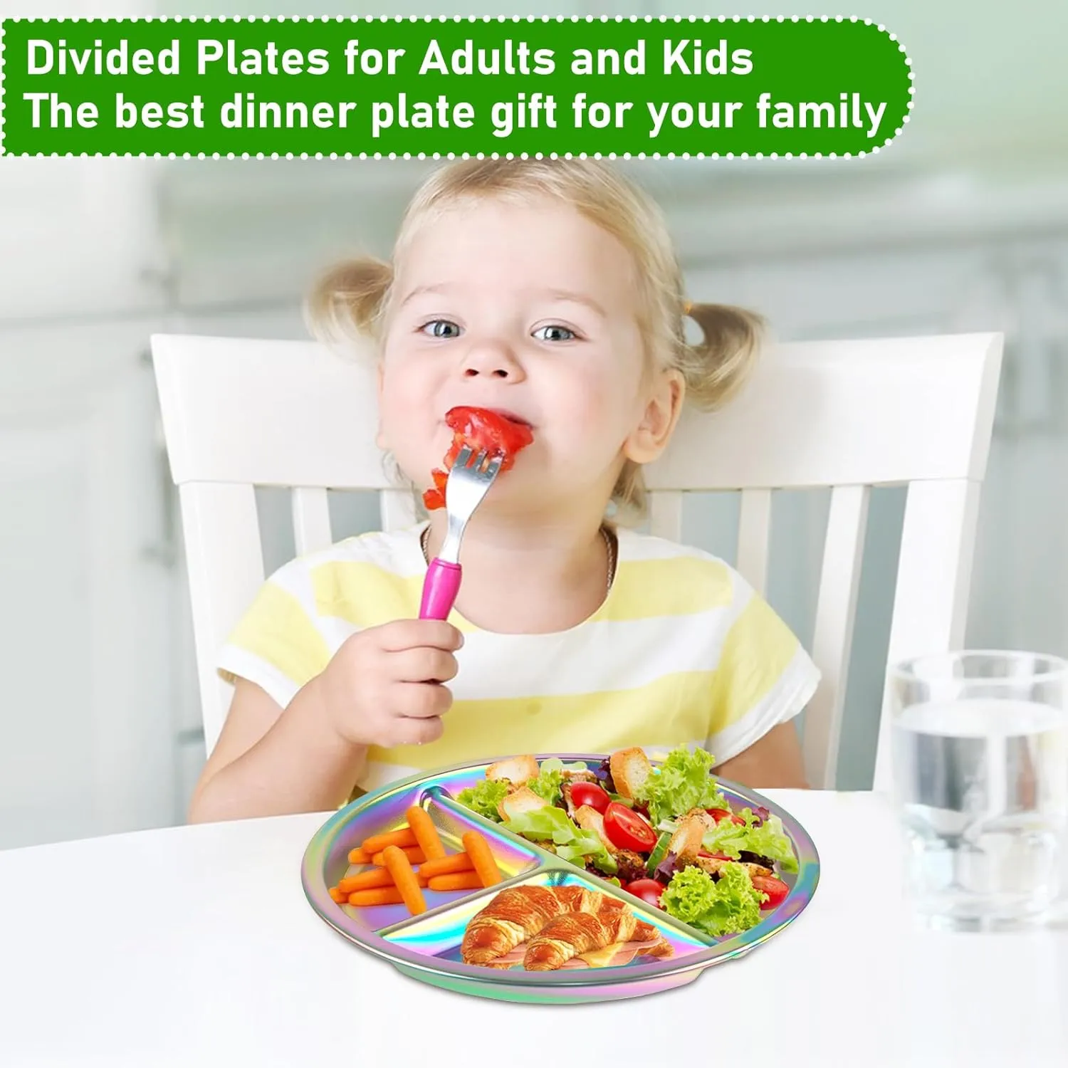 4 Pcs Stainless Steel Kids Plates, Portion Control Platter with 3-Compartment, Unbreakable Dinner Plates, Divided Food Tray Stainless Steel Plate for Adult Kid, Camping, Lunch and Dinner (Colorful)