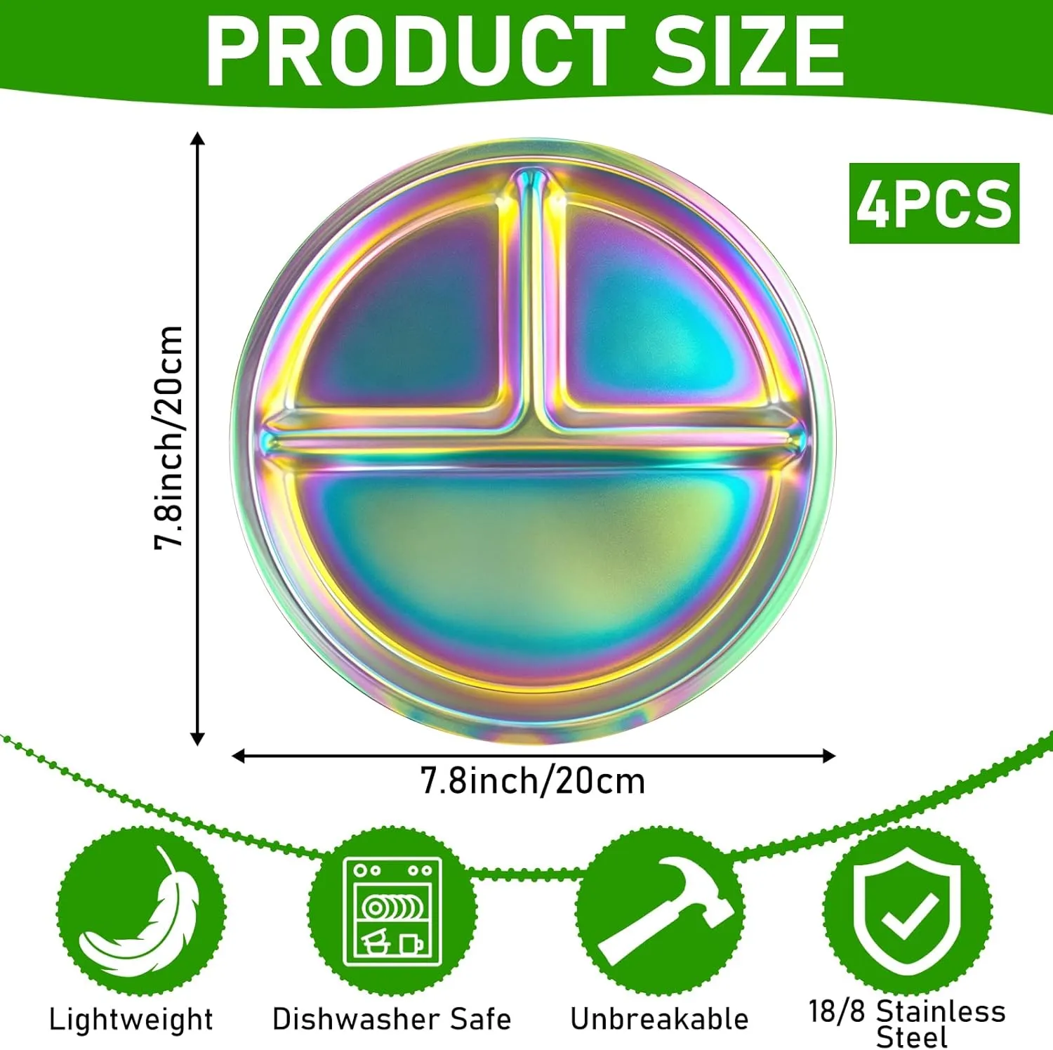 4 Pcs Stainless Steel Kids Plates, Portion Control Platter with 3-Compartment, Unbreakable Dinner Plates, Divided Food Tray Stainless Steel Plate for Adult Kid, Camping, Lunch and Dinner (Colorful)