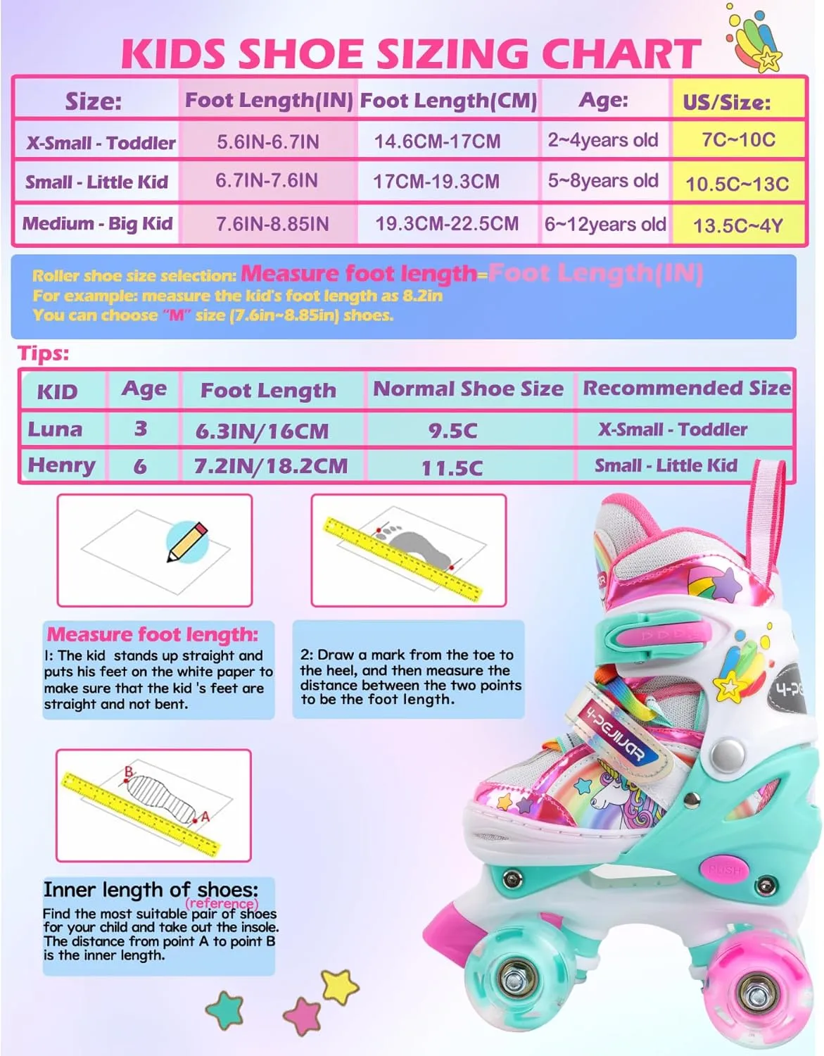 4-Pejiijar Rainbow Unicorn Kids Roller Skates for Girls Toddler Ages 2-4 5-8 8-12,Adjustable Roller Shoes with Luminous Wheels for Birthday Xmas Gifts