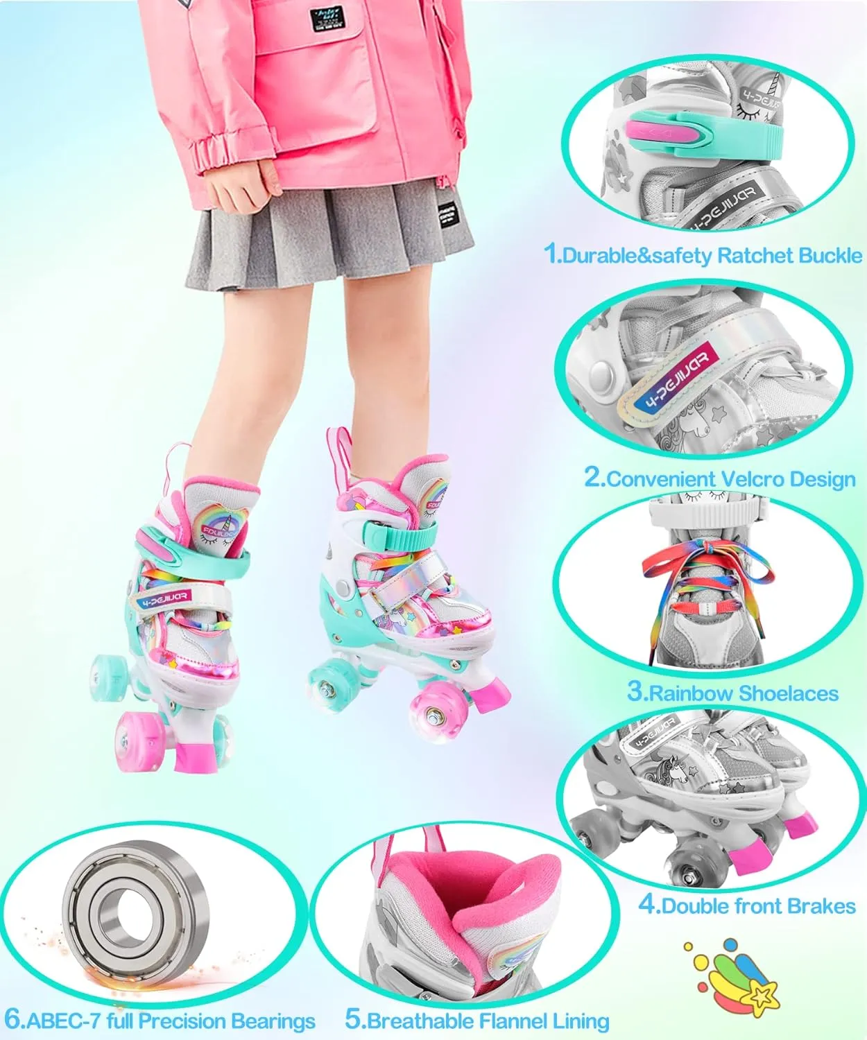 4-Pejiijar Rainbow Unicorn Kids Roller Skates for Girls Toddler Ages 2-4 5-8 8-12,Adjustable Roller Shoes with Luminous Wheels for Birthday Xmas Gifts