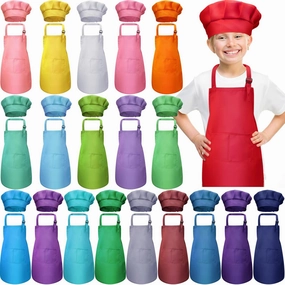 40 Pcs Kids Apron Chef Hat Set Boys Girls Aprons Chef Apron Hats Bulk for Cooking Painting Children's Bib Apron 7-13 Years
