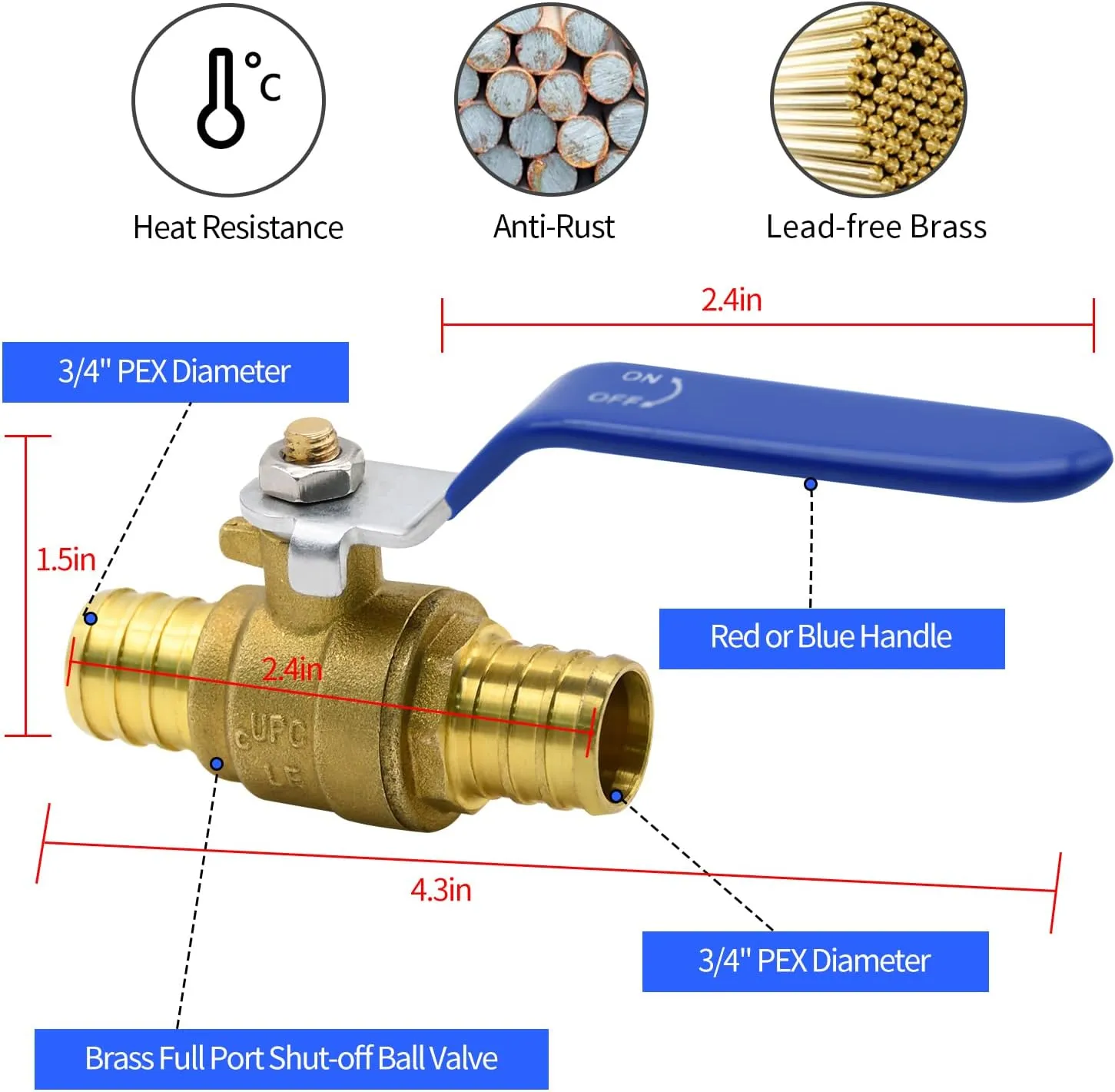 4/10 PEX Ball Valves, 3/4" PEX Brass Full Port Shut-off Ball Valve, Quarter Turn HOT (RED) COLD (BLUE) Water Stop (10pcs)