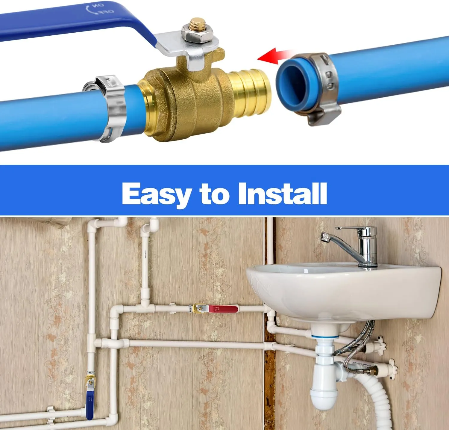 4/10 PEX Ball Valves, 3/4" PEX Brass Full Port Shut-off Ball Valve, Quarter Turn HOT (RED) COLD (BLUE) Water Stop (10pcs)