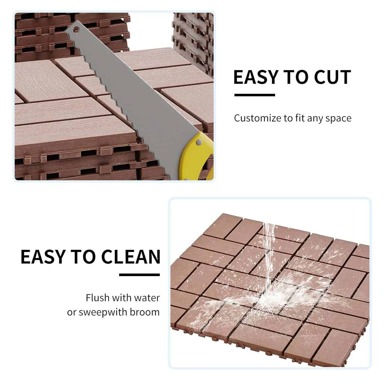 44 PCS Interlocking Deck Tiles Outdoor Waterproof All Weather, 12"x12" Indoor & Outdoor Flooring for Poolside, Patio Floor Tiles Plastic Decking Boards for Bathroom, Brown, 8 Slats
