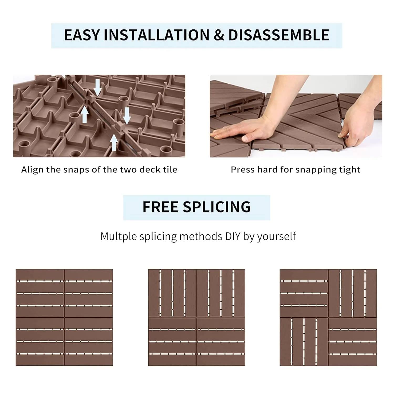 44 PCS Interlocking Deck Tiles Outdoor Waterproof All Weather, 12"x12" Indoor & Outdoor Flooring for Poolside, Patio Floor Tiles Plastic Decking Boards for Bathroom, Brown, 8 Slats