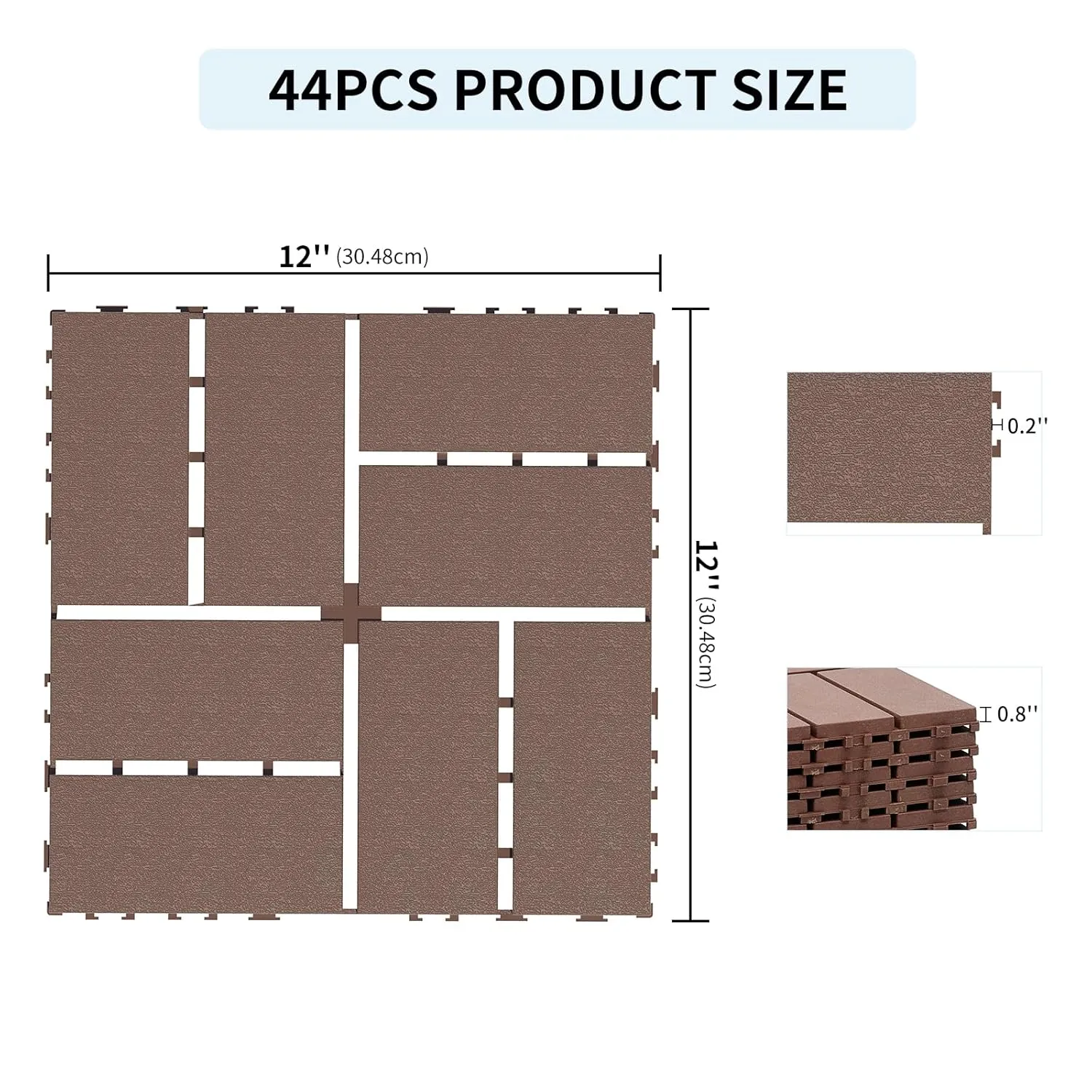 44 PCS Interlocking Deck Tiles Outdoor Waterproof All Weather, 12"x12" Indoor & Outdoor Flooring for Poolside, Patio Floor Tiles Plastic Decking Boards for Bathroom, Brown, 8 Slats