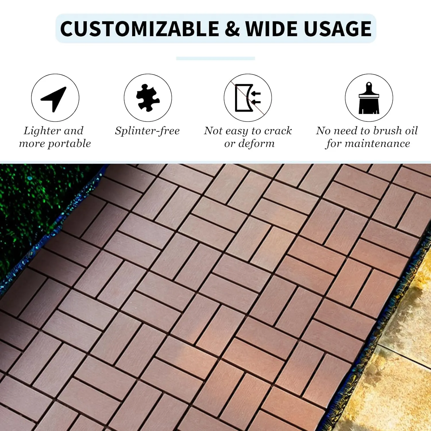 44 PCS Interlocking Deck Tiles Outdoor Waterproof All Weather, 12"x12" Indoor & Outdoor Flooring for Poolside, Patio Floor Tiles Plastic Decking Boards for Bathroom, Brown, 8 Slats