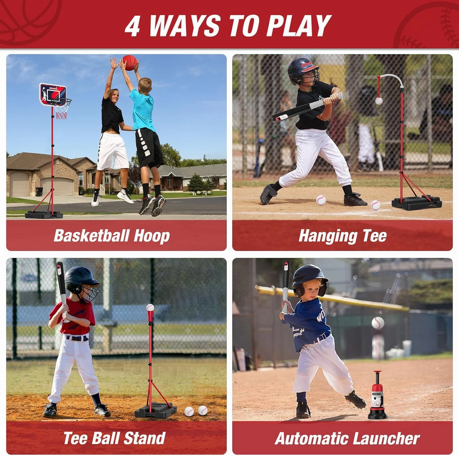 4 in 1 Kids Basketball Hoop and Tball Set for Toddlers 3-5, Adjustable Hanging Tee Ball Stand with Automatic Pitching Machine, Indoor Outdoor Sport Toys Christmas Birthday Gifts for Boys Girls