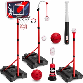 4 in 1 Kids Basketball Hoop and Tball Set for Toddlers 3-5, Adjustable Hanging Tee Ball Stand with Automatic Pitching Machine, Indoor Outdoor Sport Toys Christmas Birthday Gifts for Boys Girls