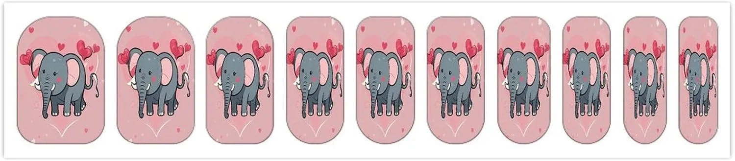 50 Pieces 5 Sheets Full Wrap Nail Stickers Cute Elephant with Red Heart Print Self Adhesive Fingernail Strips Manicure Kit for Women DIY Art