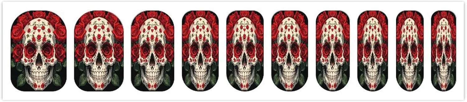 50 Pieces 5 Sheets Full Wrap Nail Stickers Red Rose Skeleton Print Self Adhesive Fingernail Strips Manicure Kit for Women DIY Art