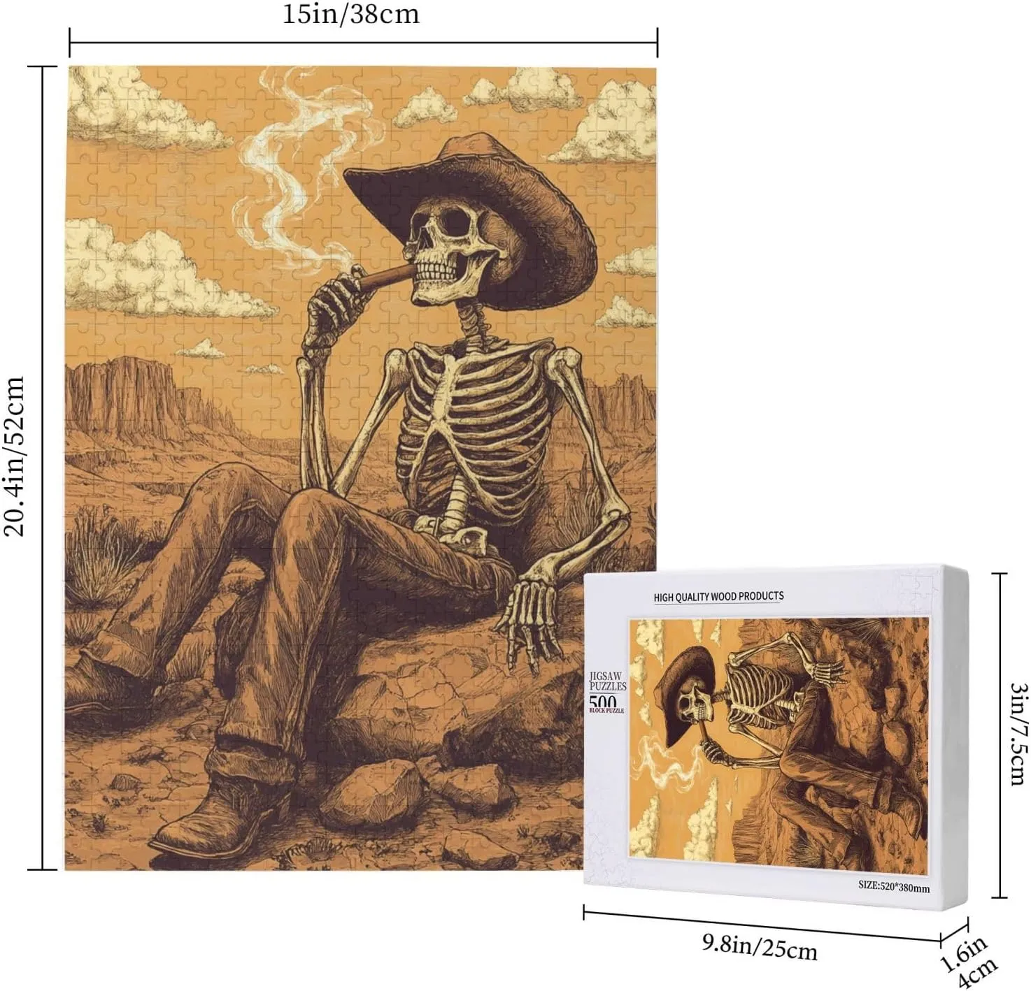 500 Piece Wooden Puzzle for Adults,Lone Skeleton Cowboy Sitting in Desert Sunset,Brain Training Challenge,Stress Relief Activity,Haunting Western Artwork,eco-Friendly woodens Pieces