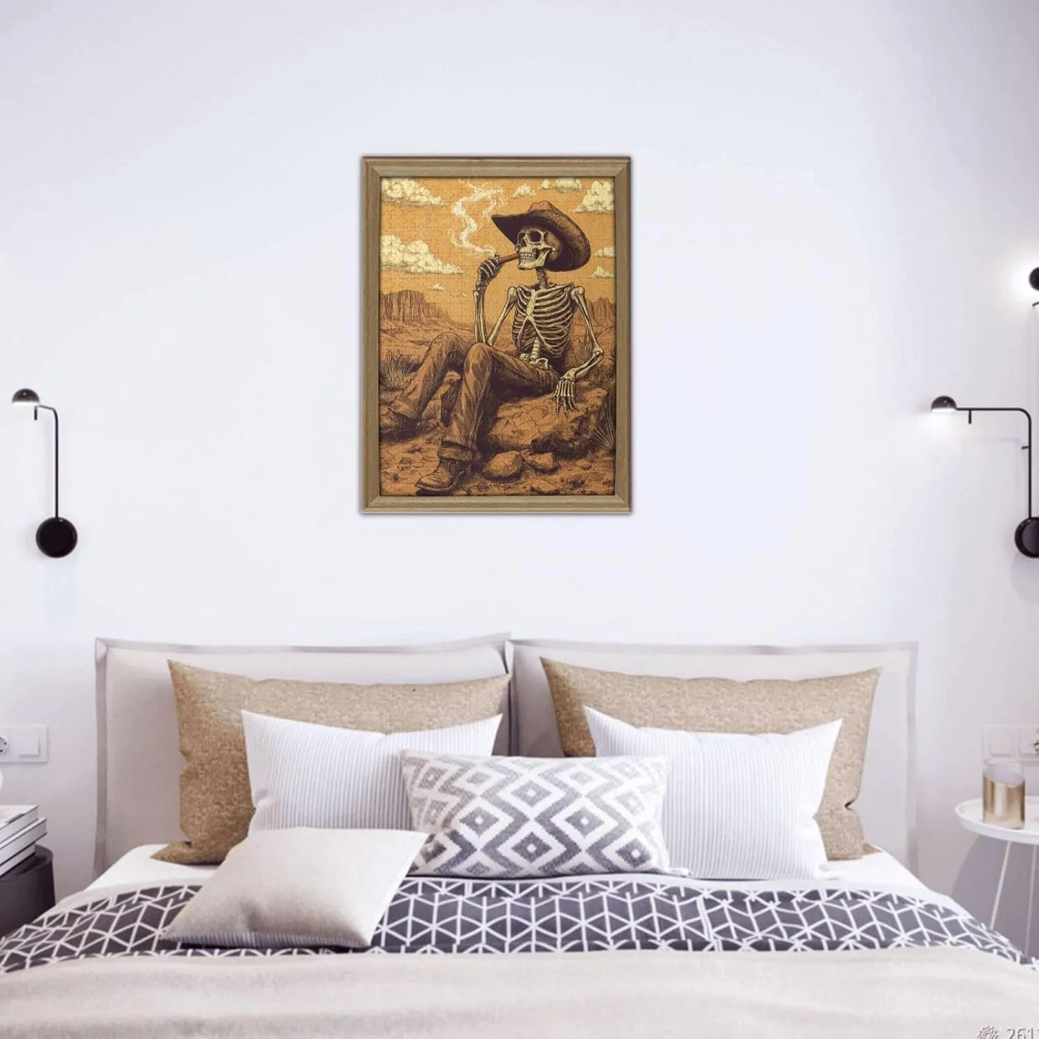 500 Piece Wooden Puzzle for Adults,Lone Skeleton Cowboy Sitting in Desert Sunset,Brain Training Challenge,Stress Relief Activity,Haunting Western Artwork,eco-Friendly woodens Pieces