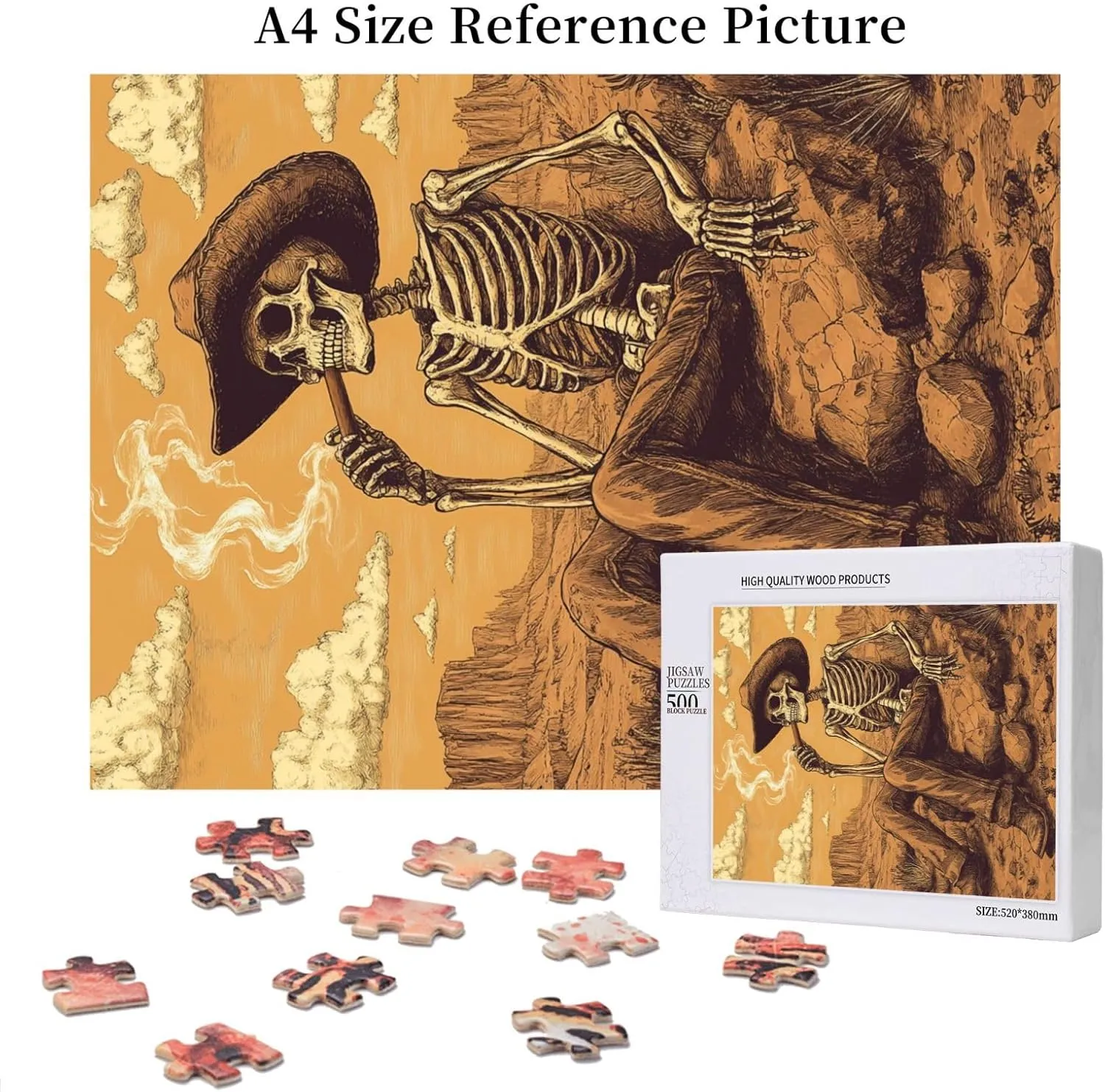 500 Piece Wooden Puzzle for Adults,Lone Skeleton Cowboy Sitting in Desert Sunset,Brain Training Challenge,Stress Relief Activity,Haunting Western Artwork,eco-Friendly woodens Pieces