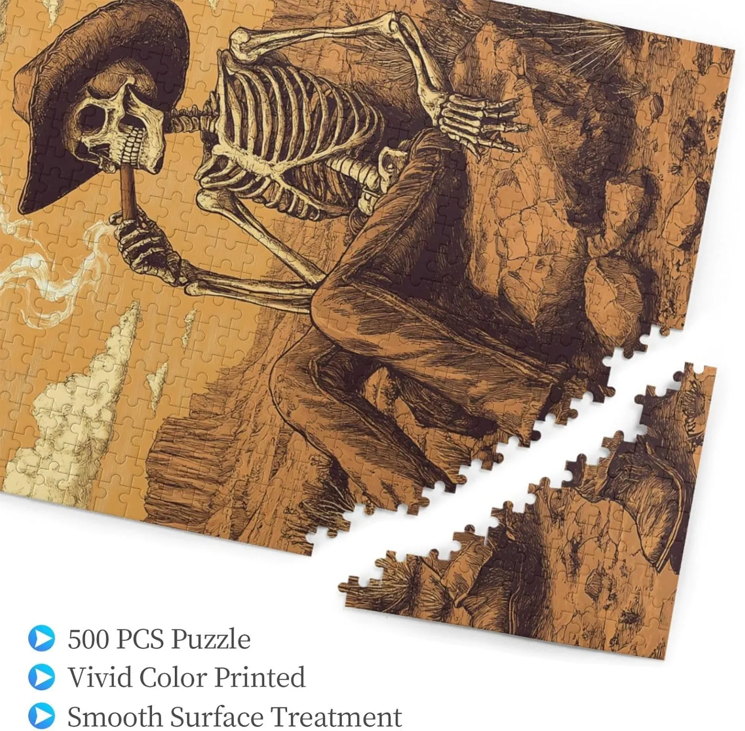 500 Piece Wooden Puzzle for Adults,Lone Skeleton Cowboy Sitting in Desert Sunset,Brain Training Challenge,Stress Relief Activity,Haunting Western Artwork,eco-Friendly woodens Pieces