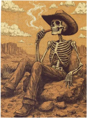 500 Piece Wooden Puzzle for Adults,Lone Skeleton Cowboy Sitting in Desert Sunset,Brain Training Challenge,Stress Relief Activity,Haunting Western Artwork,eco-Friendly woodens Pieces