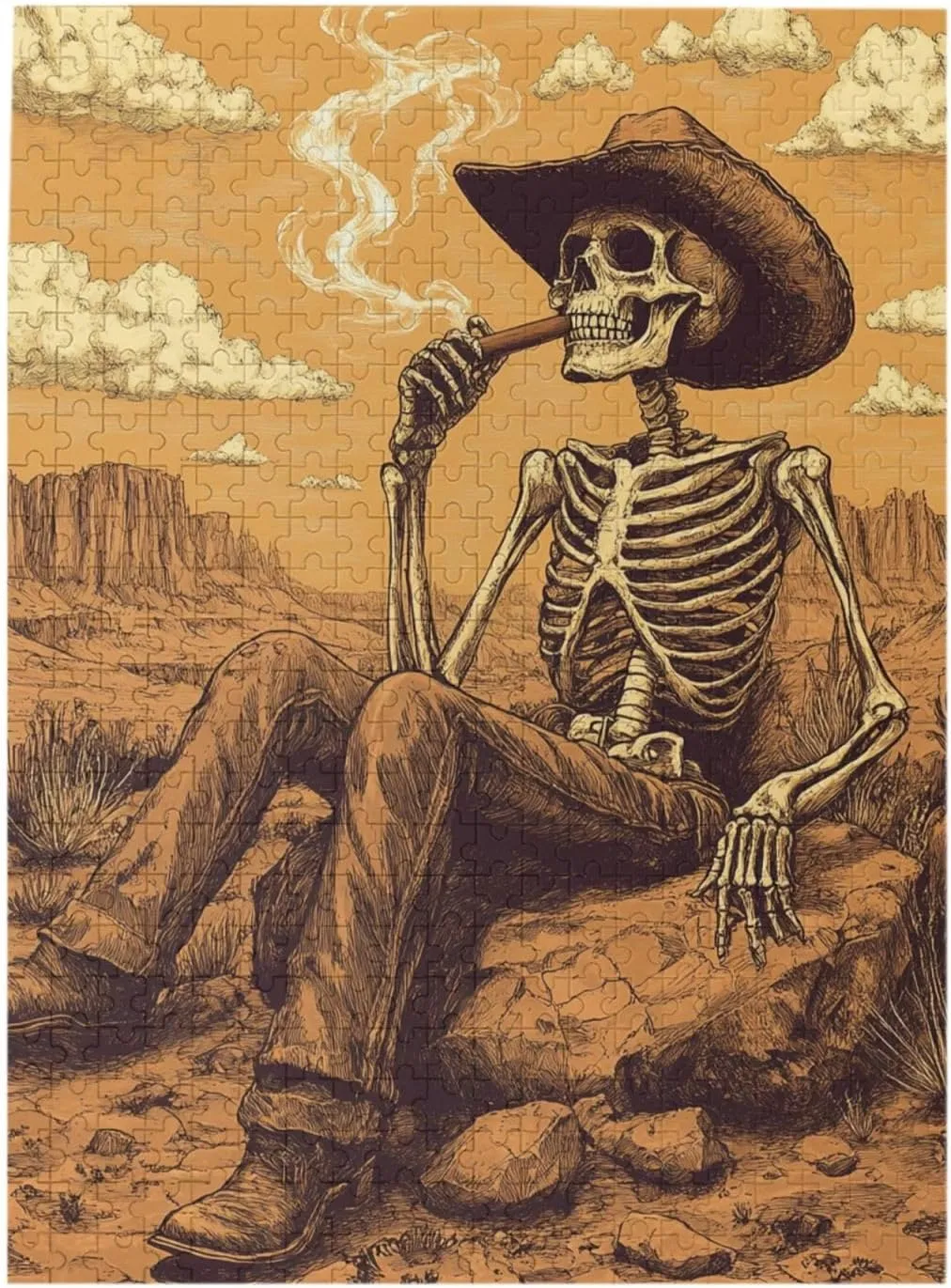 500 Piece Wooden Puzzle for Adults,Lone Skeleton Cowboy Sitting in Desert Sunset,Brain Training Challenge,Stress Relief Activity,Haunting Western Artwork,eco-Friendly woodens Pieces