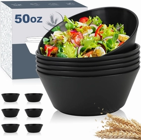 50oz Large Salad Bowl Set of 4 - Unbreakable Wheat Straw Alternative to Plastic, Microwave and Dishwasher Safe - Black Series