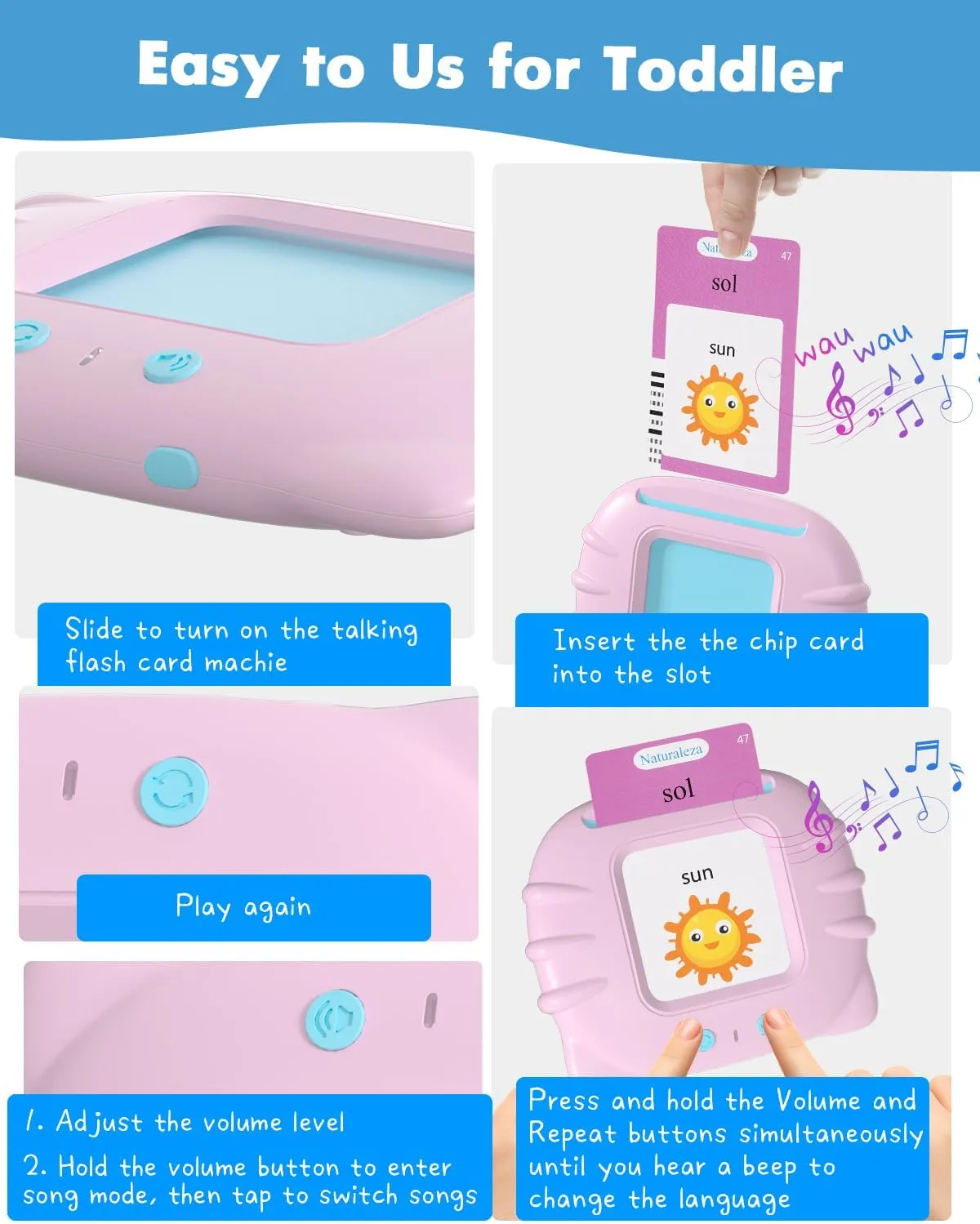 510 Words Toddler Spanish English Talking Flash Cards for 1 2 3 4 5 6 Years Old Boys and Girls, Autism Sensory Therapy Toys for Kids, Leaning Educational Montessori Pocket Speech Toys 1-3 - Pink