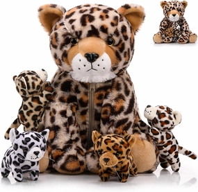 5 Pcs Cheetah Stuffed Animals for Kids Large Mommy Cheetah Plush with 4 Baby Leopard Plush Toys in Tummy for Girls Boys Birthday Forest Party Decors(Sitting Style)