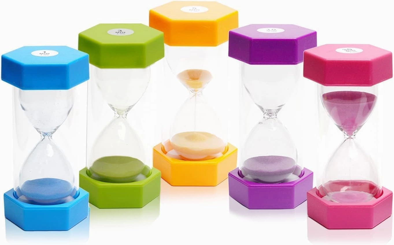 5 PCS Hourglass Kids Hourglass Timer Hourglass Set Colorful Sand Clock Kitchen Timer Time Management Includes 1 Minute, 3, 5, 10, and 30 Minutes, Different
