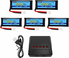 5PCS 3.7V 550mAh 30C Lipo Battery Molex-2P Plug with 5-in-1 Charger for SYMA X5C X5SW Hubsan H107C H107D UDIRC U12S WLtoys XK A100 A120 RC Drone (5PCS Battery 5-in-1 Charger)