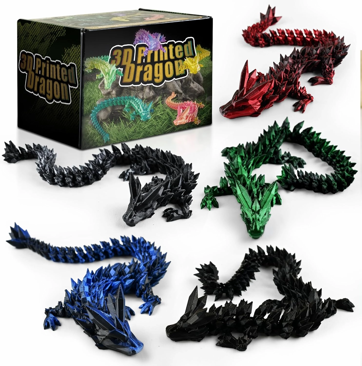 5PCS Dark Series 12" 3D Printed Dragon Set – Articulated Crystal Dragons, Cool Desk Toys for Adults & Teens, Unique 3D Printed Animals, Gothic Fantasy Decor, Novelty Gift for Men & Boys