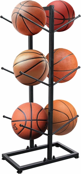 6-Ball Metal Ball Storage Rack, Basketball Holder for Indoor & Outdoor Use, 3 Layer Basketball Organizer, Double Side Metal Ball Rack Display Stand for Basketball, Football, Volleyball Storage