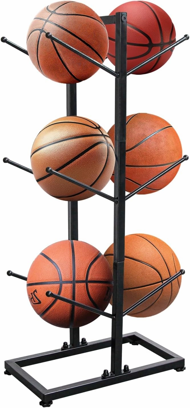 6-Ball Metal Ball Storage Rack, Basketball Holder for Indoor & Outdoor Use, 3 Layer Basketball Organizer, Double Side Metal Ball Rack Display Stand for Basketball, Football, Volleyball Storage