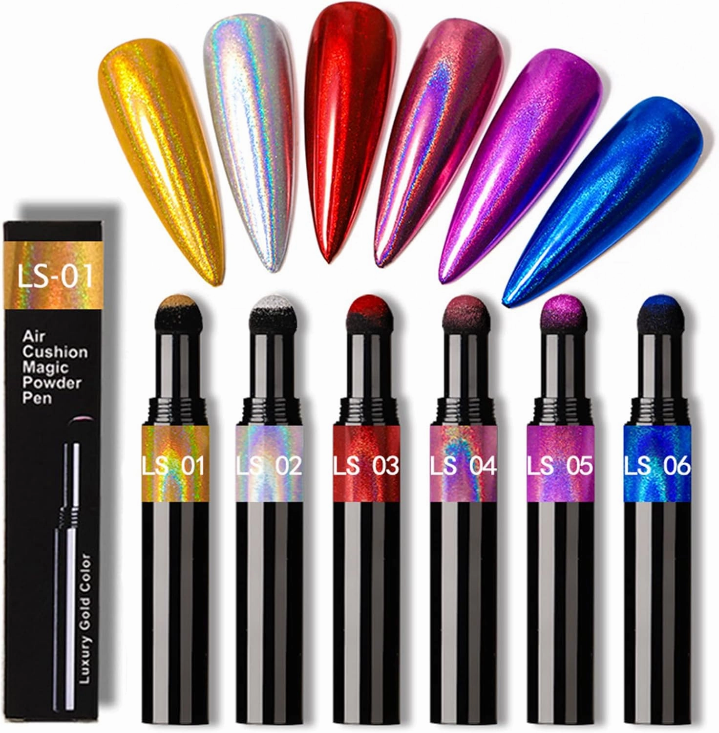 6 Pcs Chrome Nail Powder Pen Air Cushion Pen Glitter Holographic Chrome Nail Powder Pen Nail Art Pens Mirror Effect Glitter for Nail Art Design Decoration Nails DIY Nail Art Manicure Tool