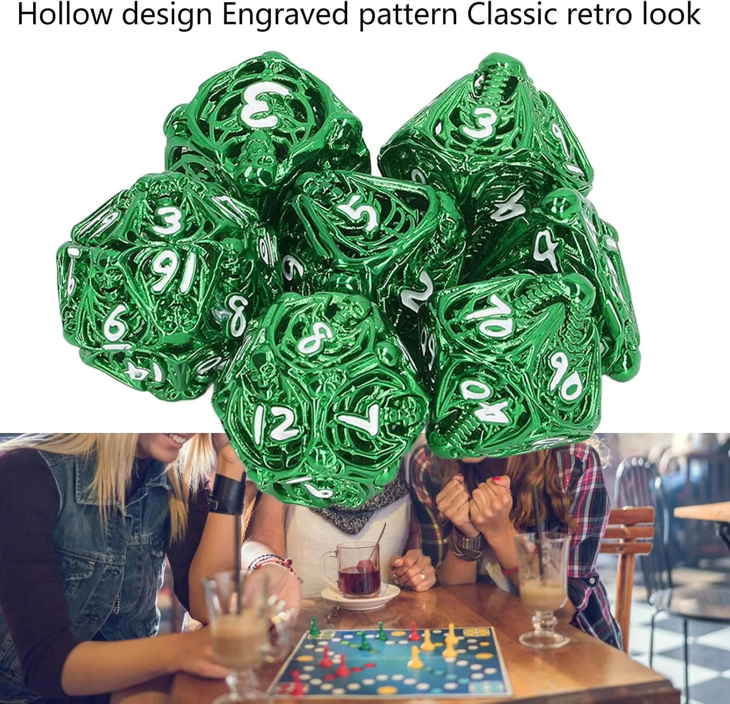 7 Pcs Hollow Metal Dices, Polyhedral Balance Rolling Dice Set, Colorful Role Playing Game Dice with Exquisite Pattern Print, Board Game Dice Props for Holiday and Family Gathering(Green) ( Color : Gre