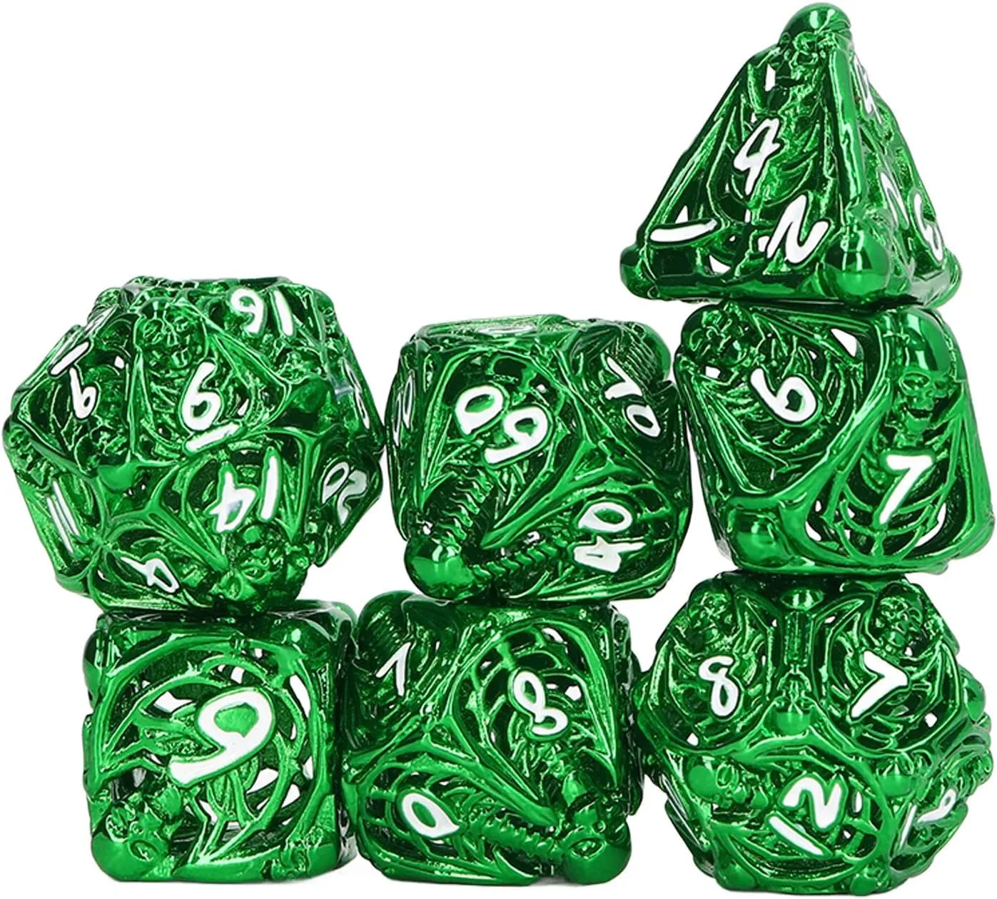 7 Pcs Hollow Metal Dices, Polyhedral Balance Rolling Dice Set, Colorful Role Playing Game Dice with Exquisite Pattern Print, Board Game Dice Props for Holiday and Family Gathering(Green) ( Color : Gre
