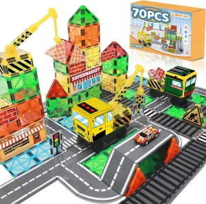 70Pcs Magnetic Tiles Magnetic Building Blocks, Building Toys for Kids Ages 3-5 4-8 8-12 Toddlers STEM Preschool Toy Boys Toys, City Construction Toys Set with 2 Cranes Train Tracks Road Car