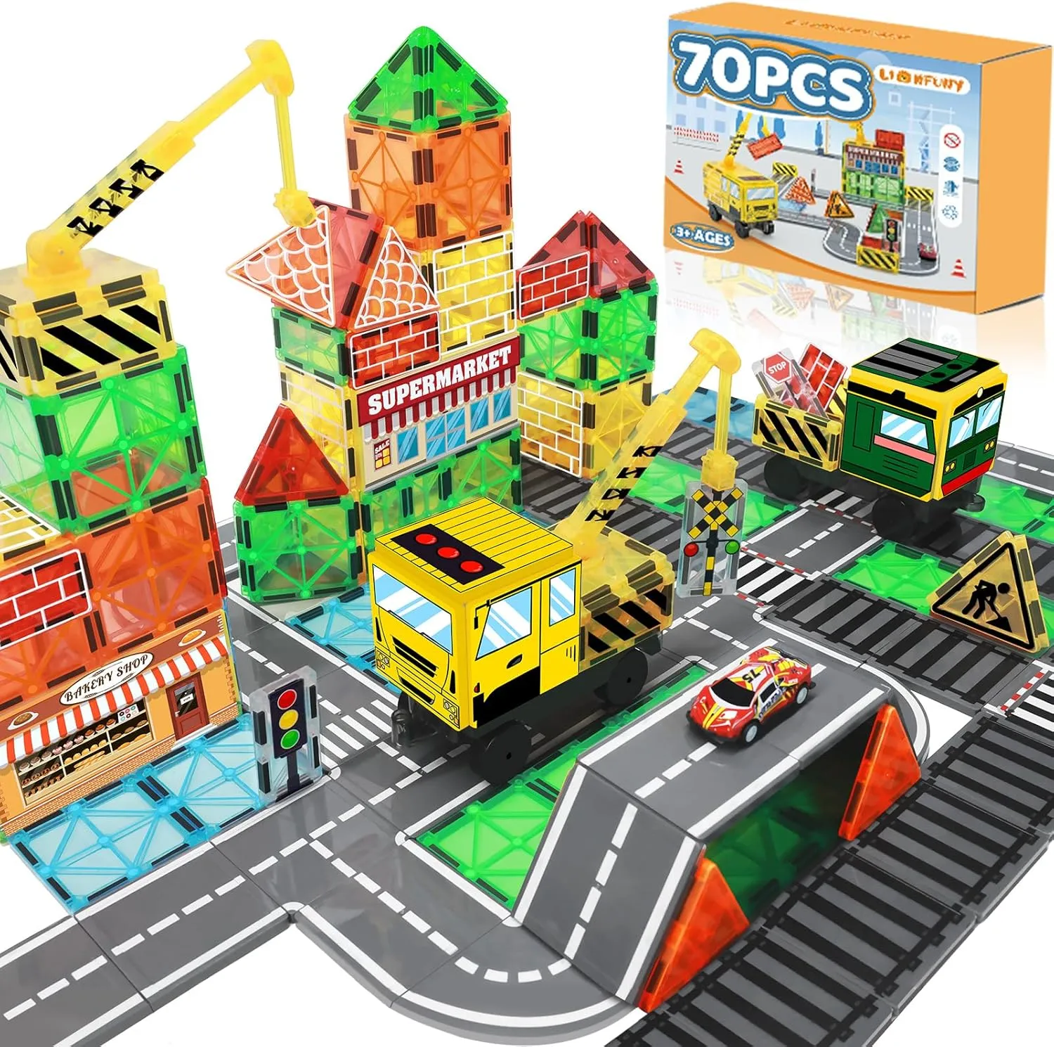 70Pcs Magnetic Tiles Magnetic Building Blocks, Building Toys for Kids Ages 3-5 4-8 8-12 Toddlers STEM Preschool Toy Boys Toys, City Construction Toys Set with 2 Cranes Train Tracks Road Car