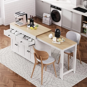 74.5" Rolling Kitchen Island with Extendable Dining Table, Kitchen Storage Cart on Wheels with 2 Drawers, Spice Rack, 4 Door Cabinet for Kitchen, Dining Room, White