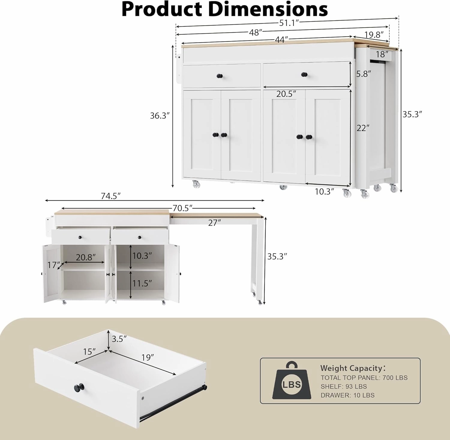 74.5" Rolling Kitchen Island with Extendable Dining Table, Kitchen Storage Cart on Wheels with 2 Drawers, Spice Rack, 4 Door Cabinet for Kitchen, Dining Room, White