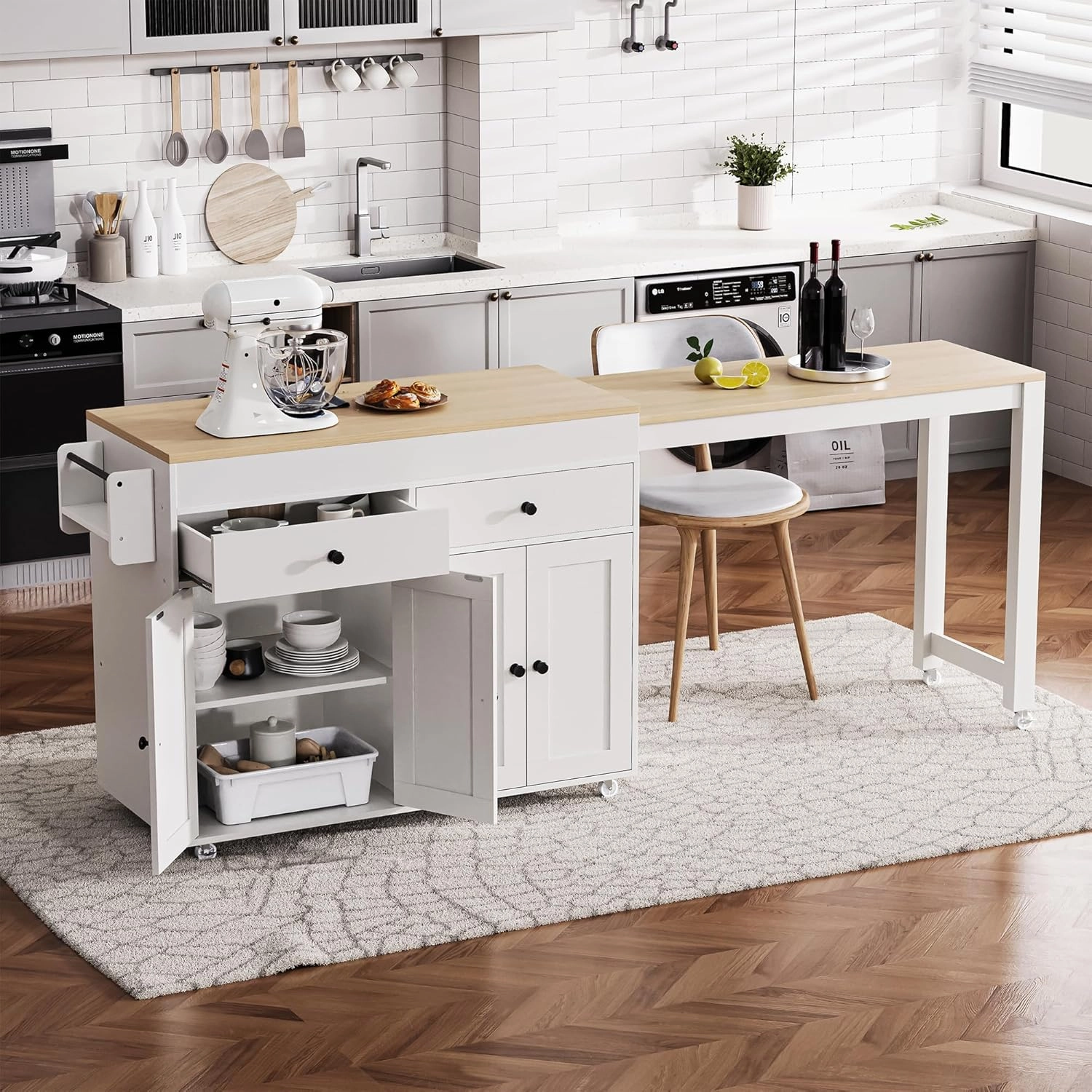 74.5" Rolling Kitchen Island with Extendable Dining Table, Kitchen Storage Cart on Wheels with 2 Drawers, Spice Rack, 4 Door Cabinet for Kitchen, Dining Room, White