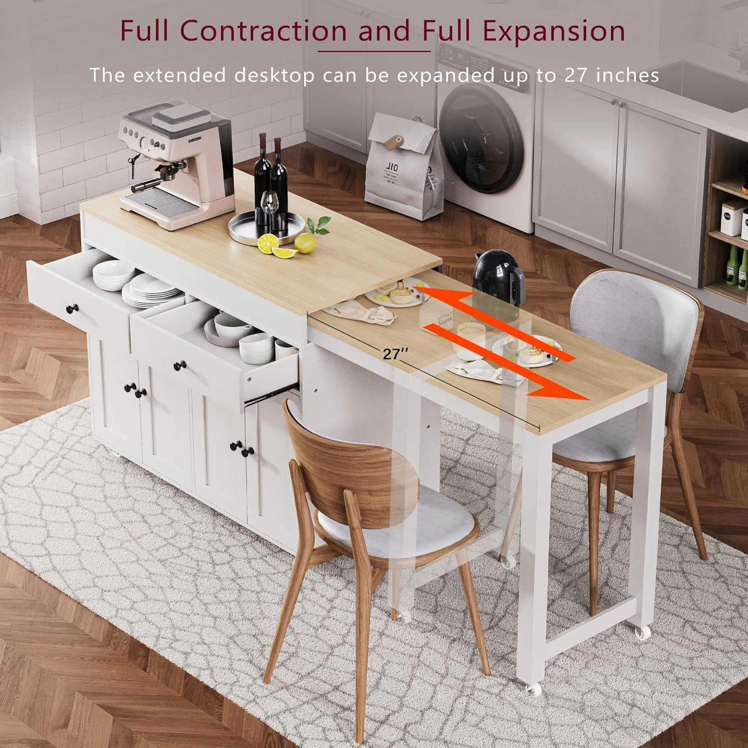 74.5" Rolling Kitchen Island with Extendable Dining Table, Kitchen Storage Cart on Wheels with 2 Drawers, Spice Rack, 4 Door Cabinet for Kitchen, Dining Room, White