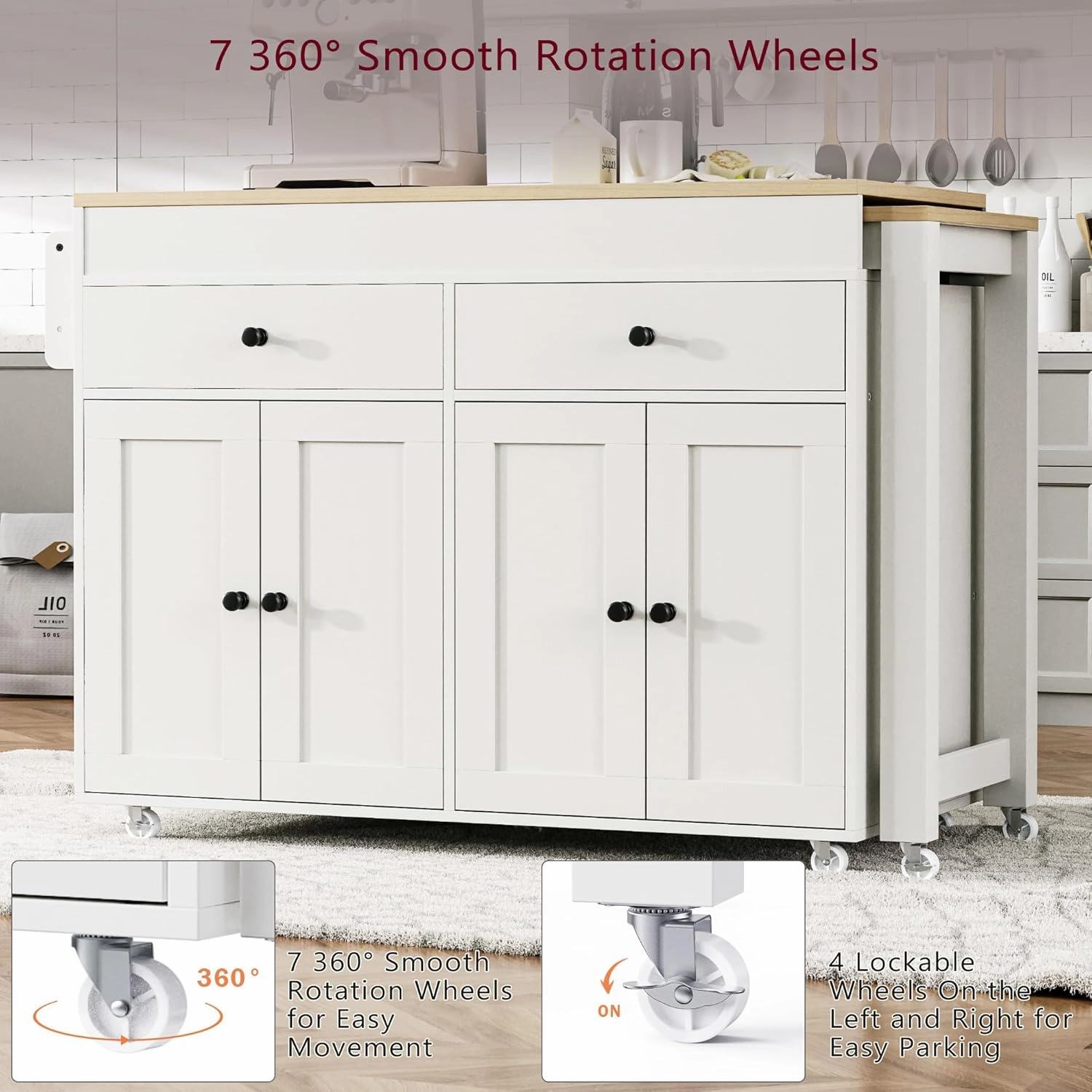 74.5" Rolling Kitchen Island with Extendable Dining Table, Kitchen Storage Cart on Wheels with 2 Drawers, Spice Rack, 4 Door Cabinet for Kitchen, Dining Room, White