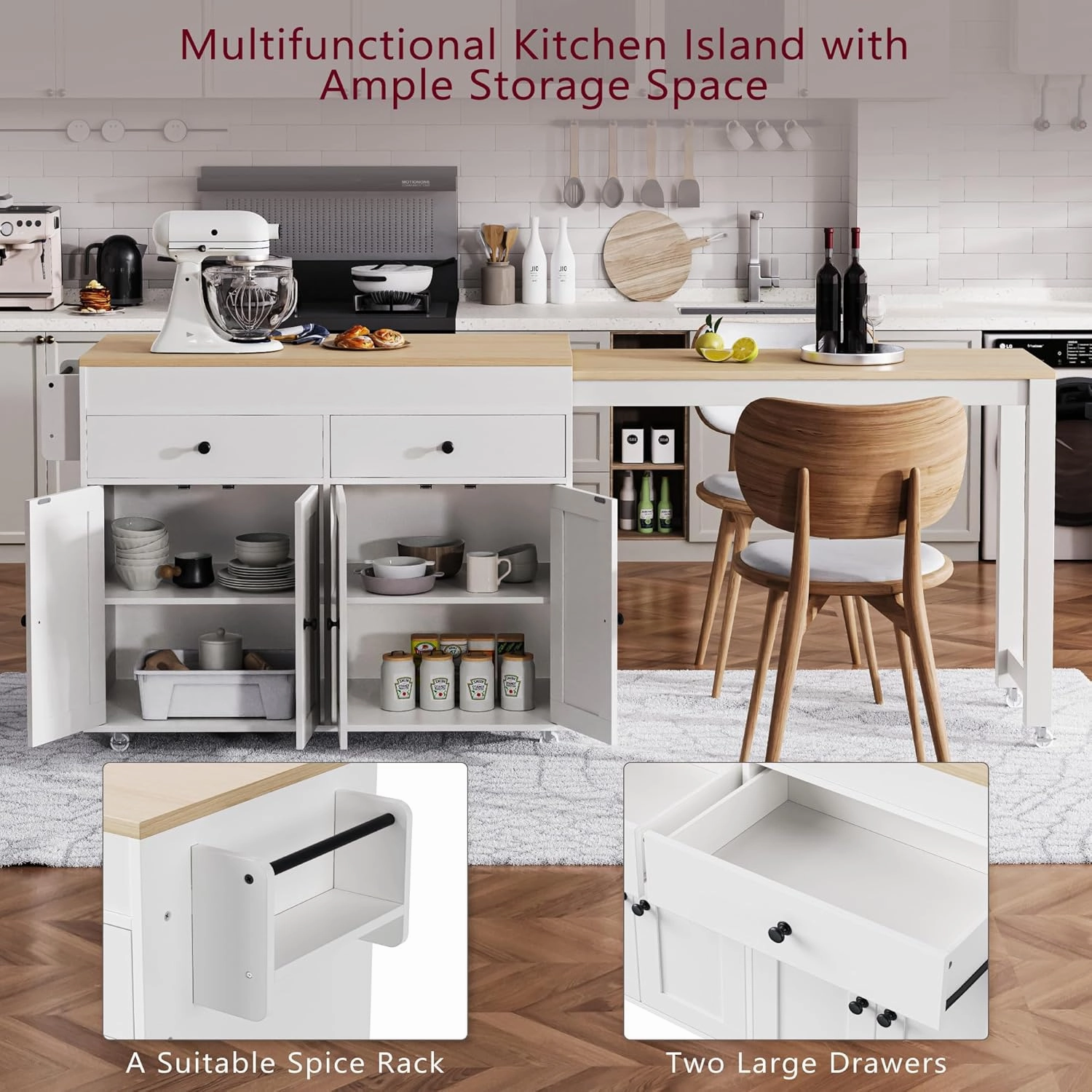 74.5" Rolling Kitchen Island with Extendable Dining Table, Kitchen Storage Cart on Wheels with 2 Drawers, Spice Rack, 4 Door Cabinet for Kitchen, Dining Room, White