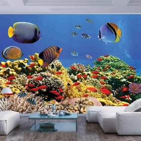 77x30 inches Wall Mural,Submerged Colorful Coral Colony on Reef Exotic Fishes Tranquil Shallow Sea Picture Peel and Stick Self-Adhesive Wallpaper Removable Large Wall Sticker Wall Decor for Home Offic